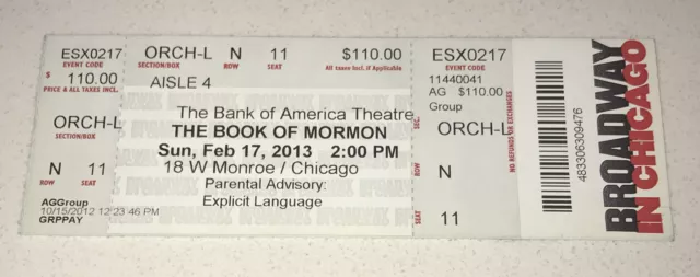 2/17/13 Book of Mormon Theatre Broadway Show Chicago Play Unused Ticket Stub