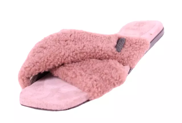 BRUNELLO CUCINELLI $995 Mauve Pink Shearling Flat Slides Sandals 38.5