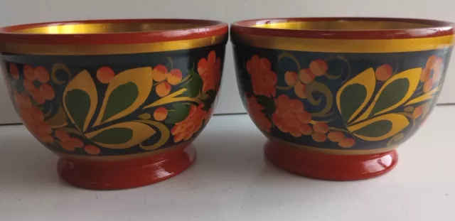 Khokhloma Bowls Pair Set of 2 Folk Art Vtg Hand-painted Lacquered Russian Good