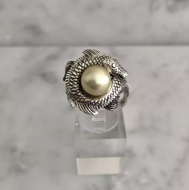 Bali Legacy 9mm Golden South Sea Pearl Koi Fish Ring Detailed 925 Silver Size 8