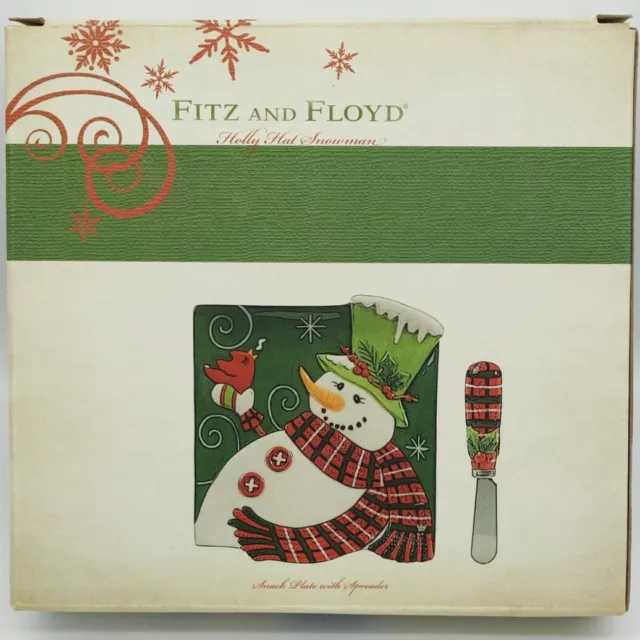 Fitz And Floyd Holly Hat Snowman Christmas Snack Plate And Spreader