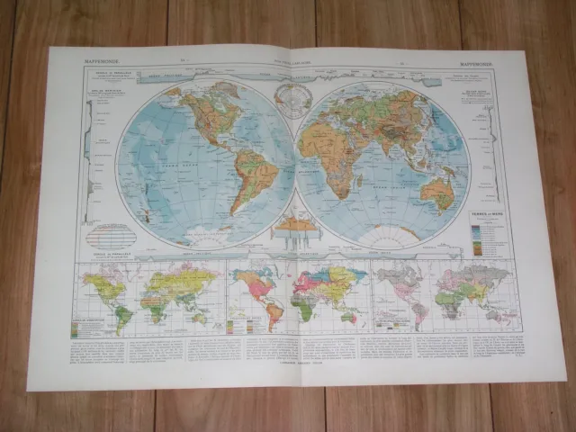 1925 Vintage Map Of The World / Human Races / North South Pole Antarctica