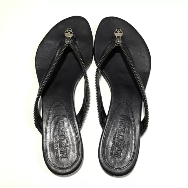 Alexander McQueen Skull Zip Thong Leather Sandals SZ 41 / 11 Black Made in Italy 3