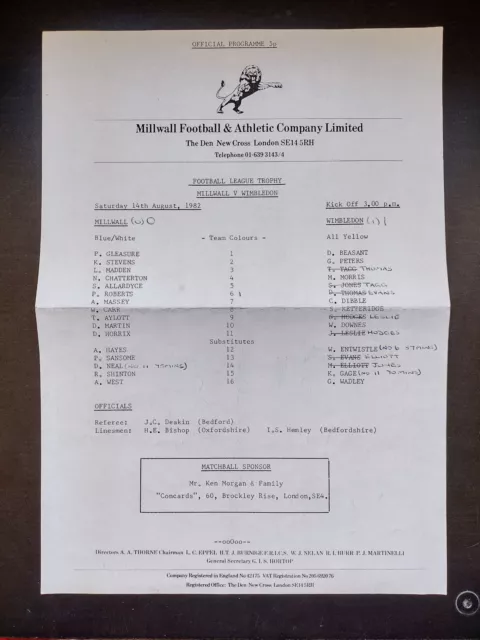 Rare Millwall v Wimbledon - Football League Trophy Team Sheet - 14/8/82