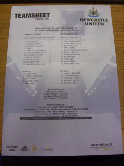 15/10/2006 Colour Teamsheet: Newcastle United v Bolton Wanderers  (Fold). If thi