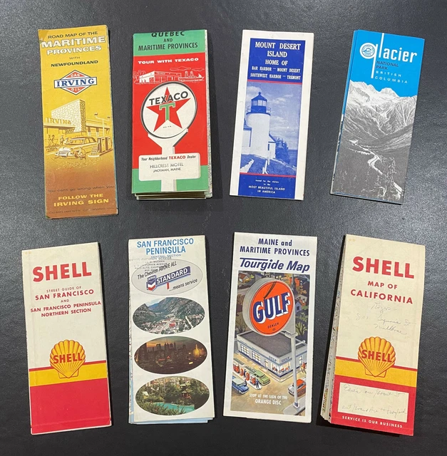 8 Vintage Maps - Shell / Texaco / Irving / Gulf / Chevron (50's & 60's)