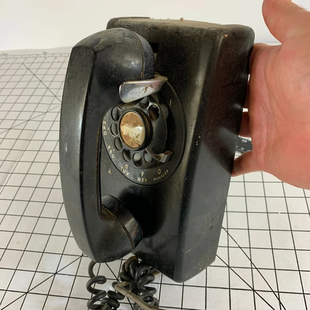VINTAGE ANTIQUE BLACK Wall Mount Rotary Phone Telephone Mid Century