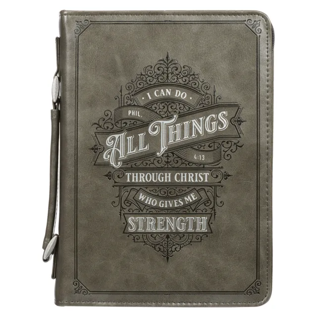Charcoal Men's Faux Leather Bible Cover: All Things Through Christ - Phil. 4:13