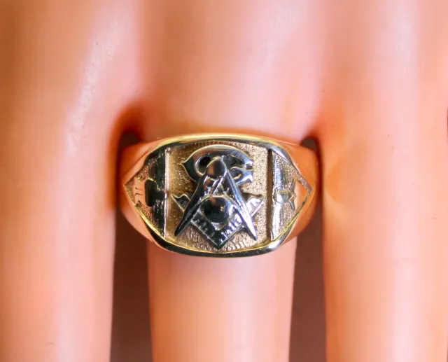 Heavy Vintage 10K Yellow & White Gold Men's Masonic Ring, Size 10.25