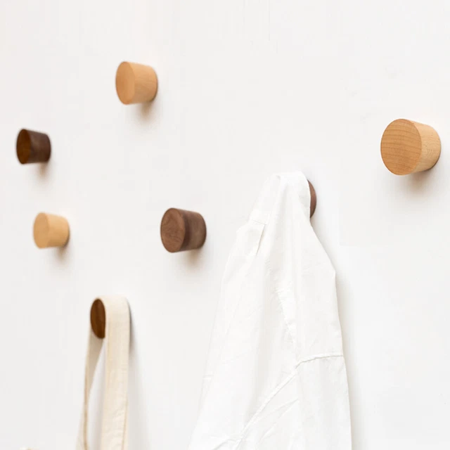 5Pcs Wood Wall Hanger Round Clothes Coat Hat Hook Rack Wall Mounted Wooden Hooks