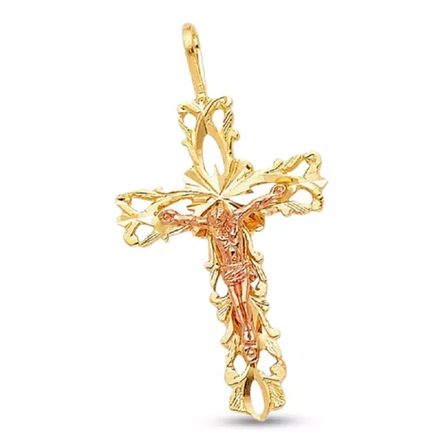 Jesus Medieval Cross Pendant Solid 14k Yellow Rose Gold Crucifix Charm Two Tone