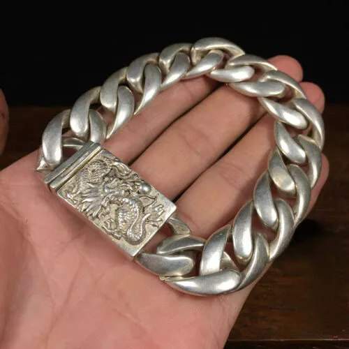 Chinese Asian Old Tibet Silver Hand Cast Dragon Statue Bracelet Jewel Gift Nice