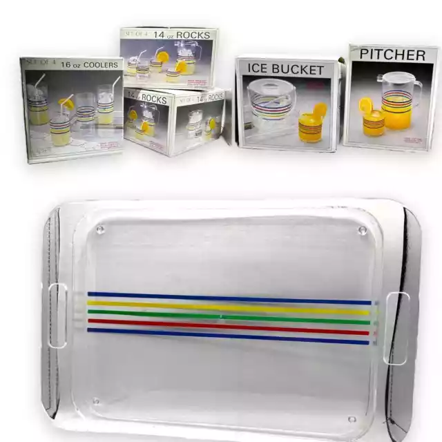 15 piece Retro Rainbow Beverage Set  ice bucket glasses pitcher tray 80s 90s