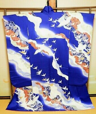 Furisode Silk Kimono Women Japanese Vintage Robe Blue Crane 162cm /730
