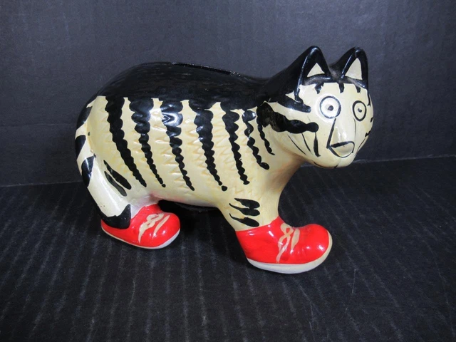 Kilban Cat Bank Ceramic Striped Walking Kitten Red Shoes with Plug C261