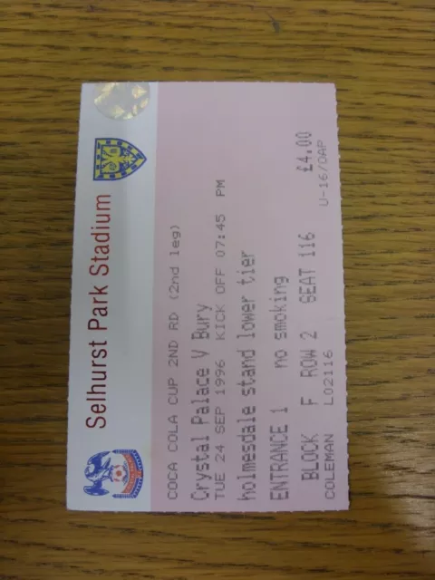 24/09/1996 Ticket: Crystal Palace v Bury [Football League Cup](folded). Thanks f