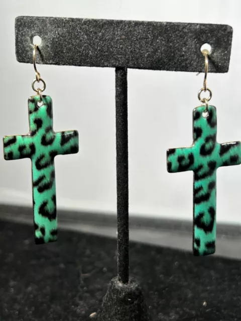 gold tone turquoise enamel cheetah  print cross dangling earrings 3916jb