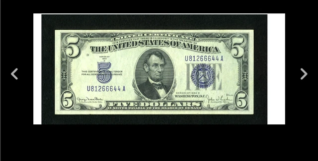 U-A BLOCK  DEEP BLUE INKS Fr. 1654 $5 1934D Wide 1 Silver . almost  Uncirc =====