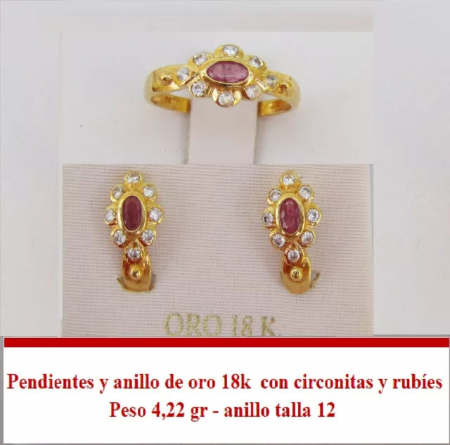 Juego de pendientes y anillo en oro de 18 kl nuevo con circonitas y rubies