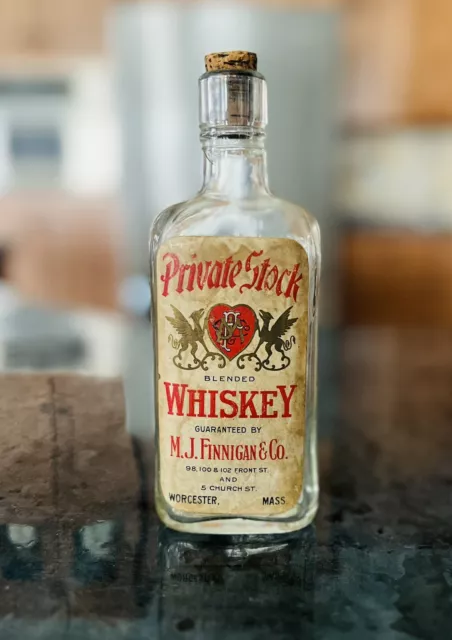 Private Stock Whiskey MJ Finnigan Co Label Bottle Worcester MA Pre Pro Flask