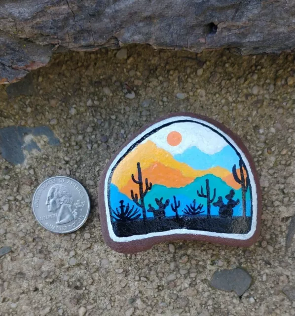 Small Hand Painted Rock Stone Art Cactus Desert Mountains Summer Sun Silhouette