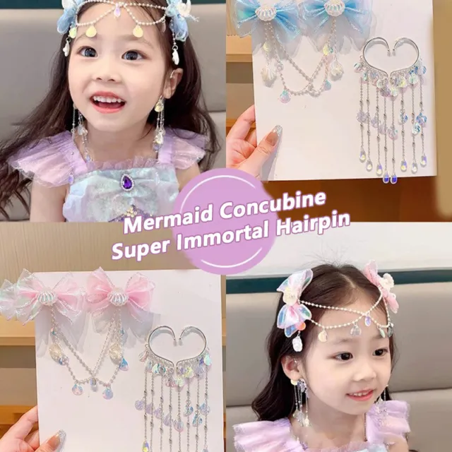 Children Mermaid Princess Pearl Fringe Bow Forehead Chain Hairpin Fairy Earhook