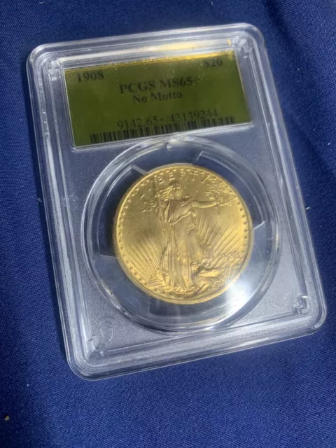 1908 Double Eagle Gold $20 Saint Gaudens No Motto Coin PCGS MS 65+