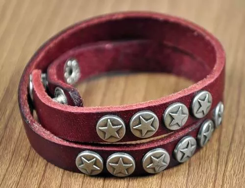 Cool Double-Wrap Stars Studded Genuine Leather Bracelet Wristband Cuff Red