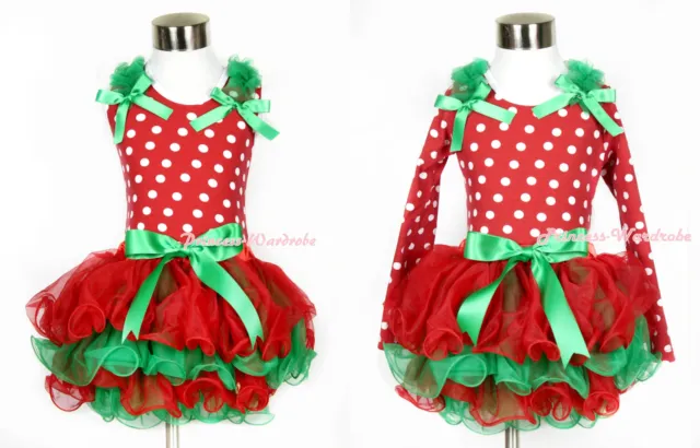 XMAS Red White Dot Green Ruffle Bow Top Red Kelly Green Girl Petal Skirt NB-8Y