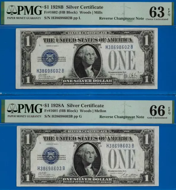 1928B 1928A $1 Silver Certificated PMG 66EPQ top pop changeover Fr 1602 Fr 1601