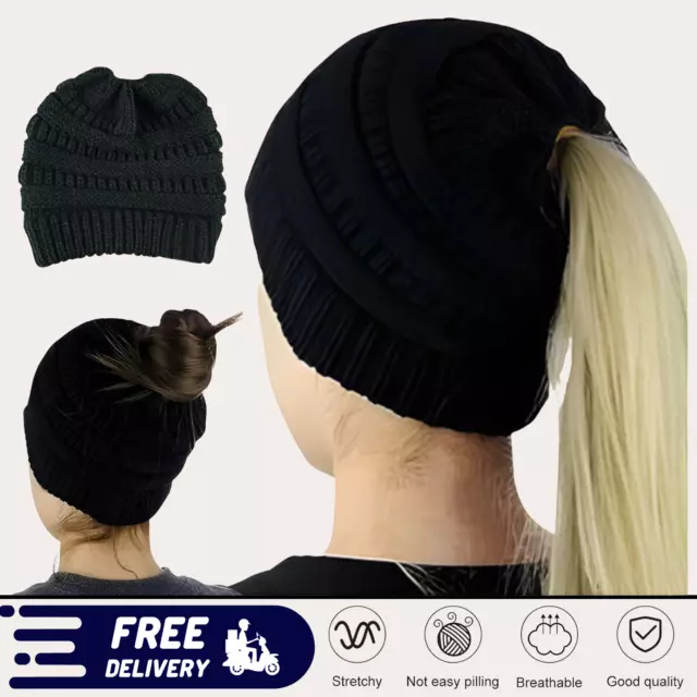 Womens Beanie Cap Winter Knitted Wool Ponytail Hat Stretch Ear Warmer Caps Black