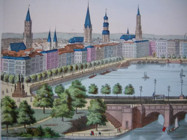 Hamburg Jungfernstieg Lombardsbrücke Binnenalster kolor. Federlithografie 1889 3