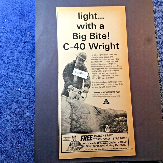 1965 C-40 Wright Chain Saw. Original Vintage Ad from 1965