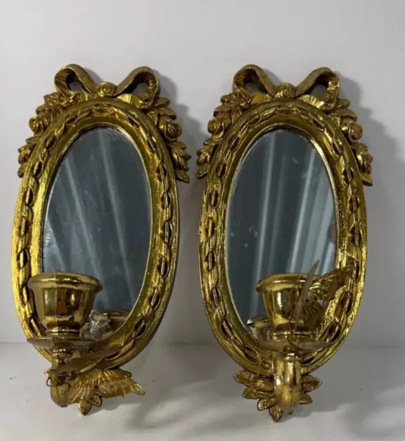 Pair Of Vintage Gold Home Interiors Mirrored Wall Sconce Candle Holder Bows