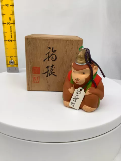 Japanese Clay Bell Ceramic Dorei Asian Antiques fortune monkey 2.7x2.7x2.5inch