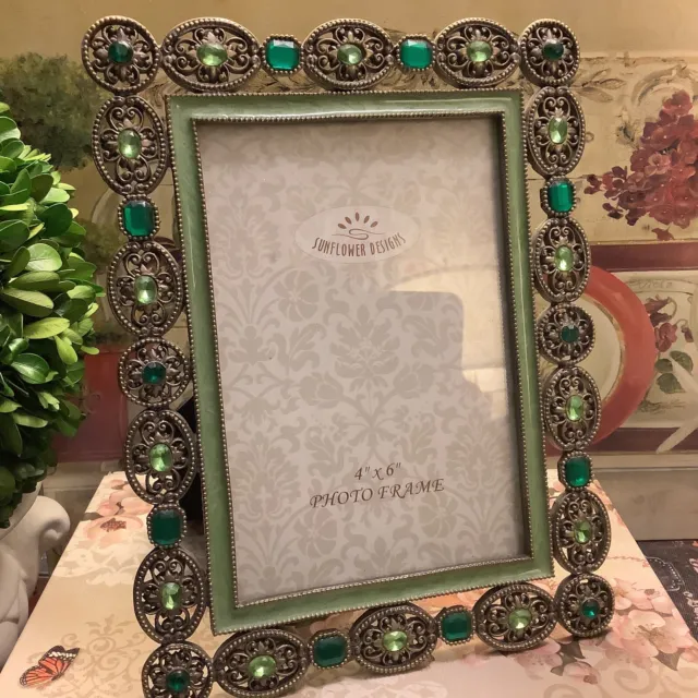 Green Jeweled~Antique Gold Metal~Picture Frame~4 X 6~Sunflower Designs Brand~