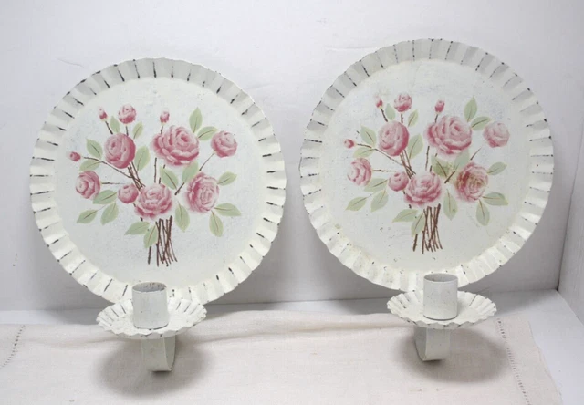 VTG Pair Metal Wall Candle Sconce Crimped Edge Taper Candle Roses Grandmacore