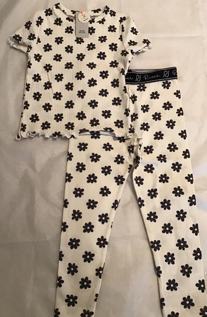 River Island Mini Girls Aged 2-3 Years Ecru Flower Ribbed Top Leggings Set BNWT
