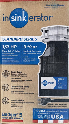 Badger 5 Garbage Disposal 1/2 HP INSINKERATOR BADGER 5 WITH CORD-NEW