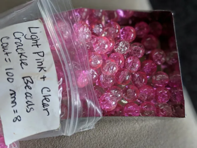 Lot of Translucent Crackle Glass Beads Loose Approximately 100 pcs 8mm Rd Pink