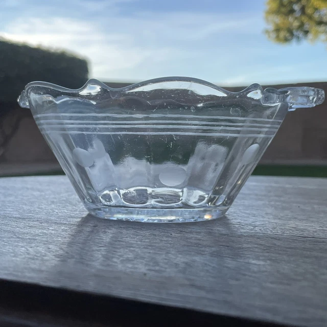 Vtg Antique Clear Crystal Glass Bowl w Handles ETCHED DOT Circle Bottom ART DECO