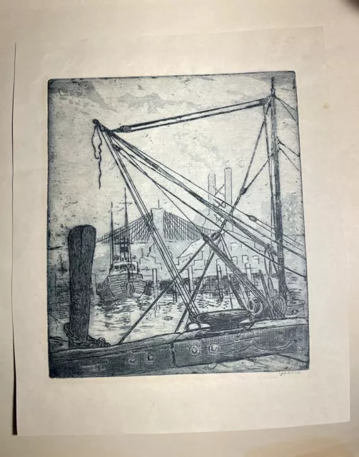 East River, New York Harbor Rare Leon Louis Dolice Etching, Print Signed