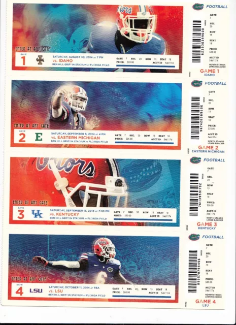 2014 Florida Gators Full Unused Football Season Ticket Stub Strip Sheet Set