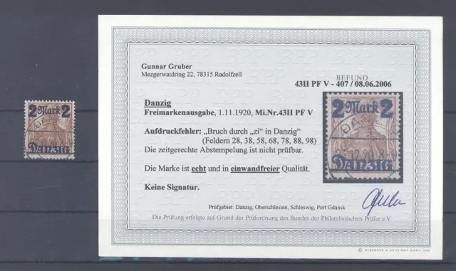 Danzig Mi.Nr. 43 II PF V, 2 Mark Freimarke 1920 gestempelt, Befund BPP (5321)