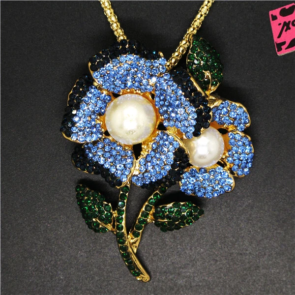 New Fashion Lady Blue Bling Two Flower Pearl Crystal Pendant Women Necklace