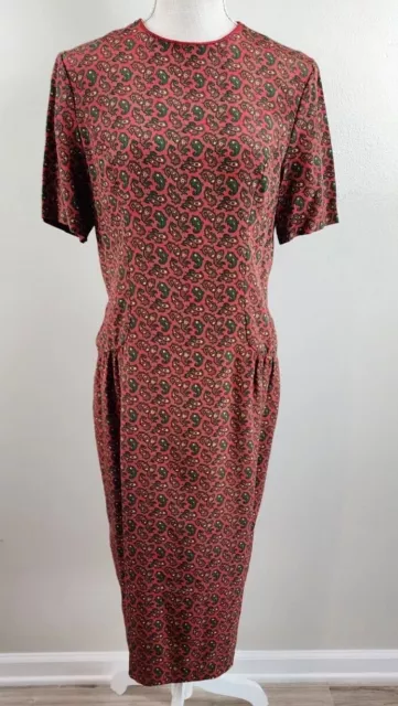 Vintage Anne Crimmins For Umi Collections 100% Silk Paisley Dress Sz 8 Red Green
