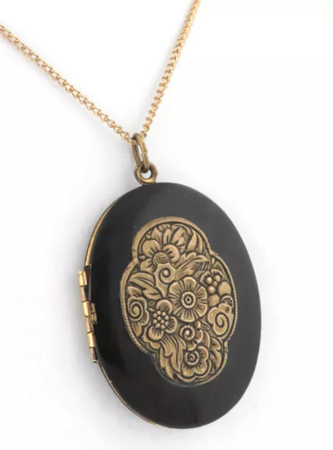 1880s - LARGE ANTIQUE VICTORIAN BLACK ENAMEL GF MOURNING LOCKET PENDANT NECKLACE