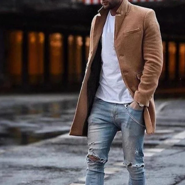 Men Wool Blend Winter Trench Coat Long Sleeve Button Jacket Outwear Overcoat Hot
