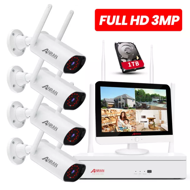 ANRAN 1296p Wireless Security Camera System CCTV 8CH 12"Monitor NVR Home Outdoor