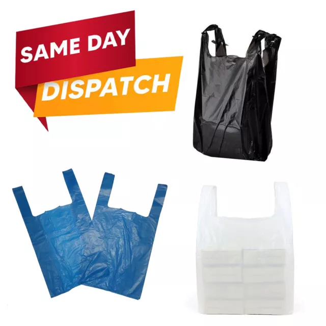 100 x Plastic Vest Carrier Bags White Blue & Black for Grocery & Supermarkets
